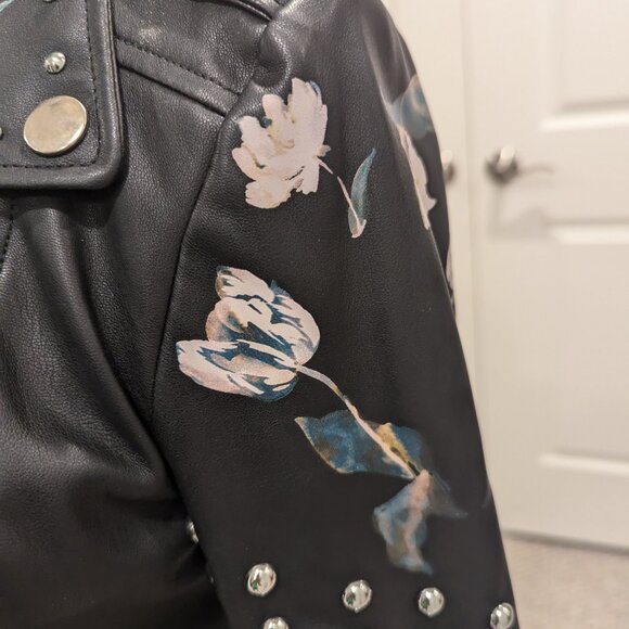 Studded Tulip Print Vegan Black Leather BEBE Jacket XXS - Picture 8 of 12